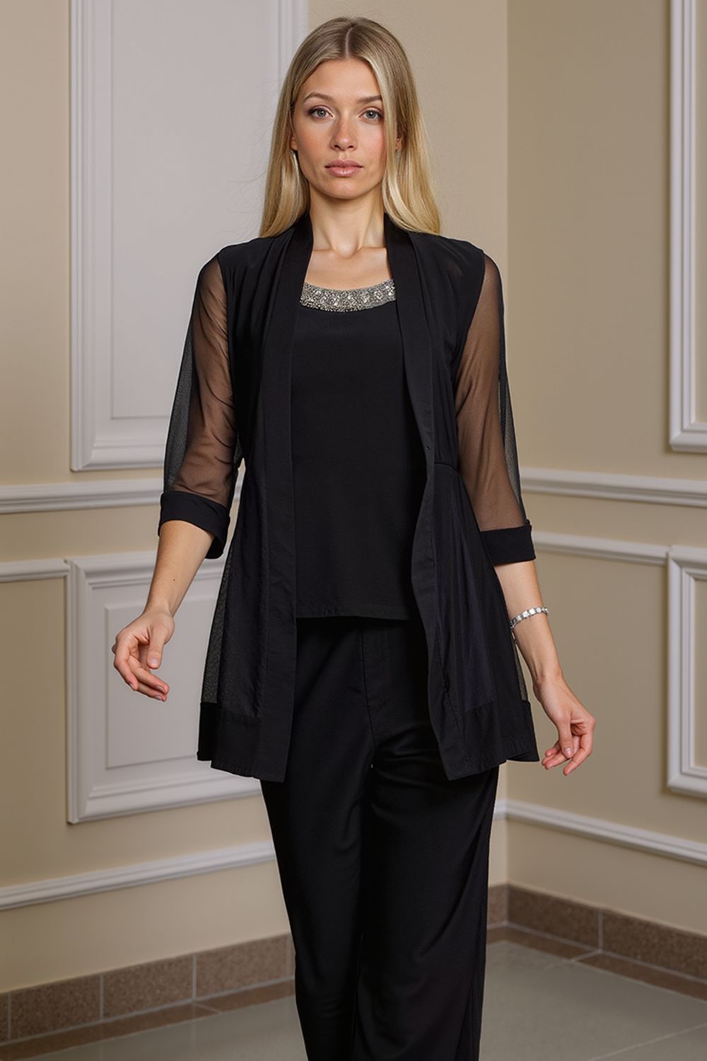 Dreamyannie Black Beaded Boat Neck 3 Piece Mother Of The Bride Pant Suits With Jacket