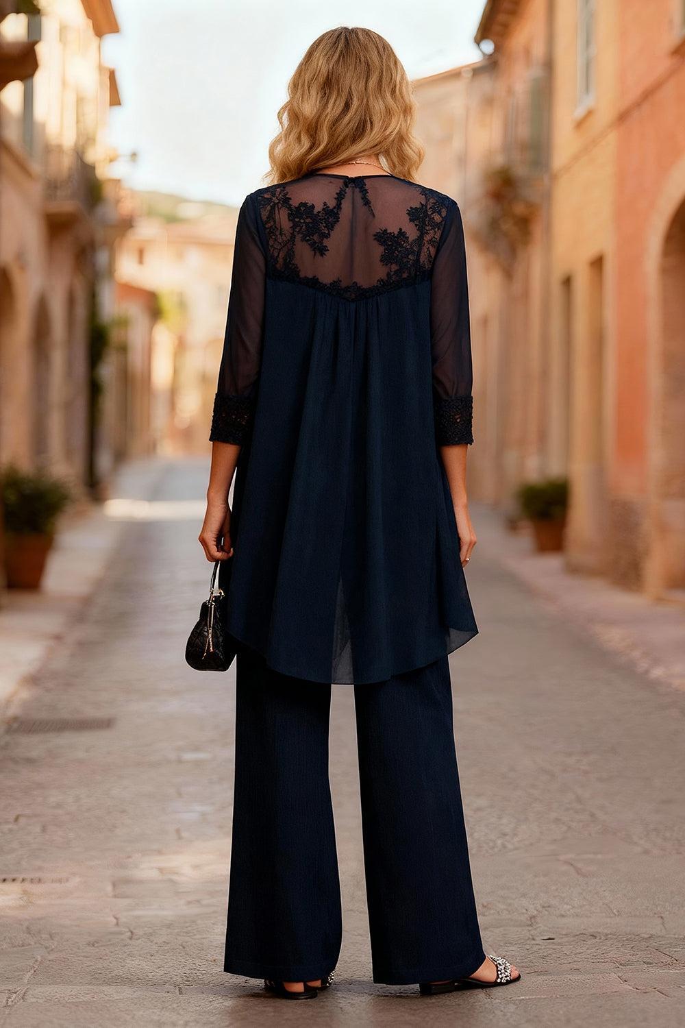 Dreamyannie Black Boat Neck 3 Piece Mother Of The Bride Pant Suits With Jacket