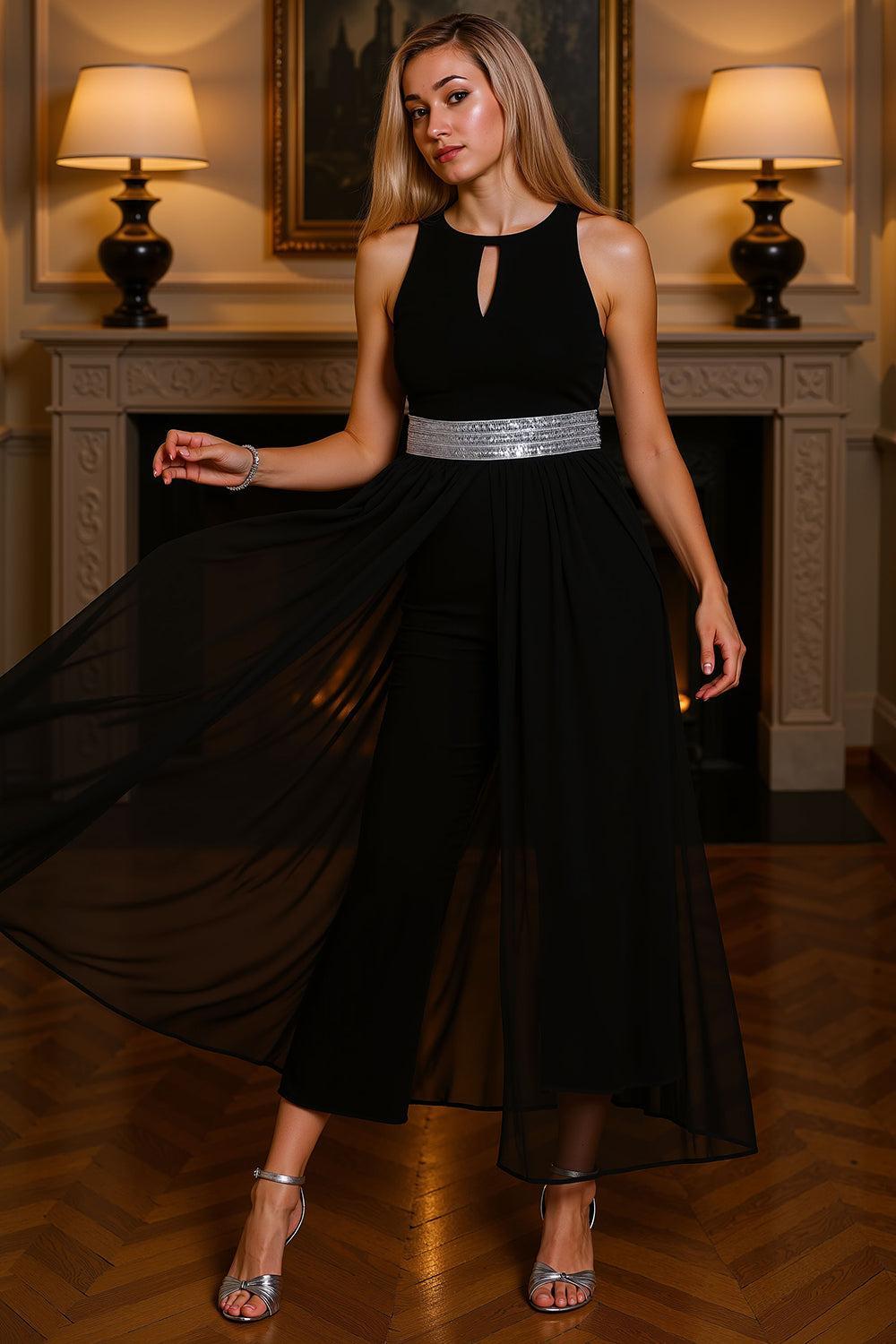 Dreamyannie Black Chiffon Ankle Length Mother Of The Bride Jumpsuits With Cape