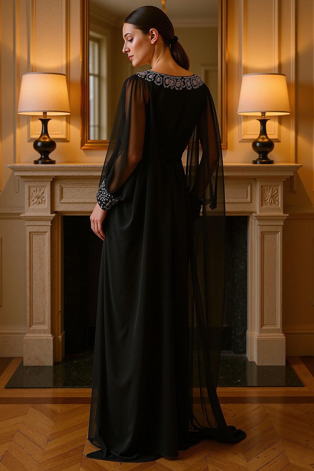 Dreamyannie Black Chiffon Floor Length Mother Of The Bride Dress With Rhinestones