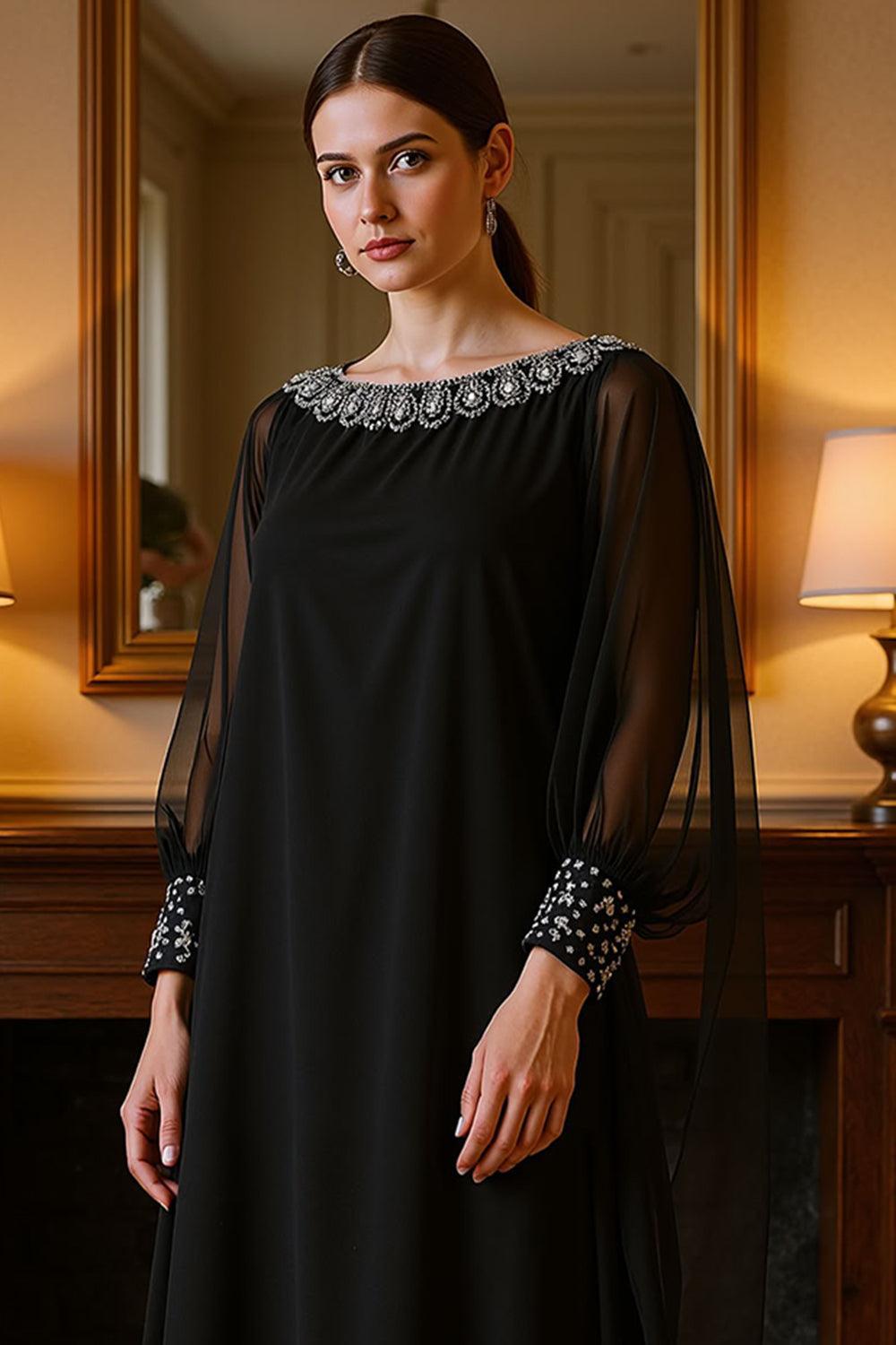 Dreamyannie Black Chiffon Floor Length Mother Of The Bride Dress With Rhinestones