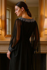 Dreamyannie Black Chiffon Floor Length Mother Of The Bride Dress With Rhinestones
