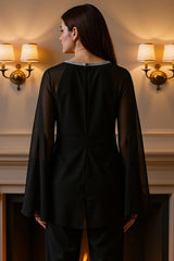 Dreamyannie Black Chiffon Round Neck 2 Piece Mother Of The Bride Pant Suits With Beading