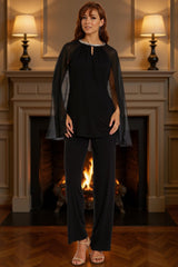 Dreamyannie Black Chiffon Round Neck 2 Piece Mother Of The Bride Pant Suits With Beading
