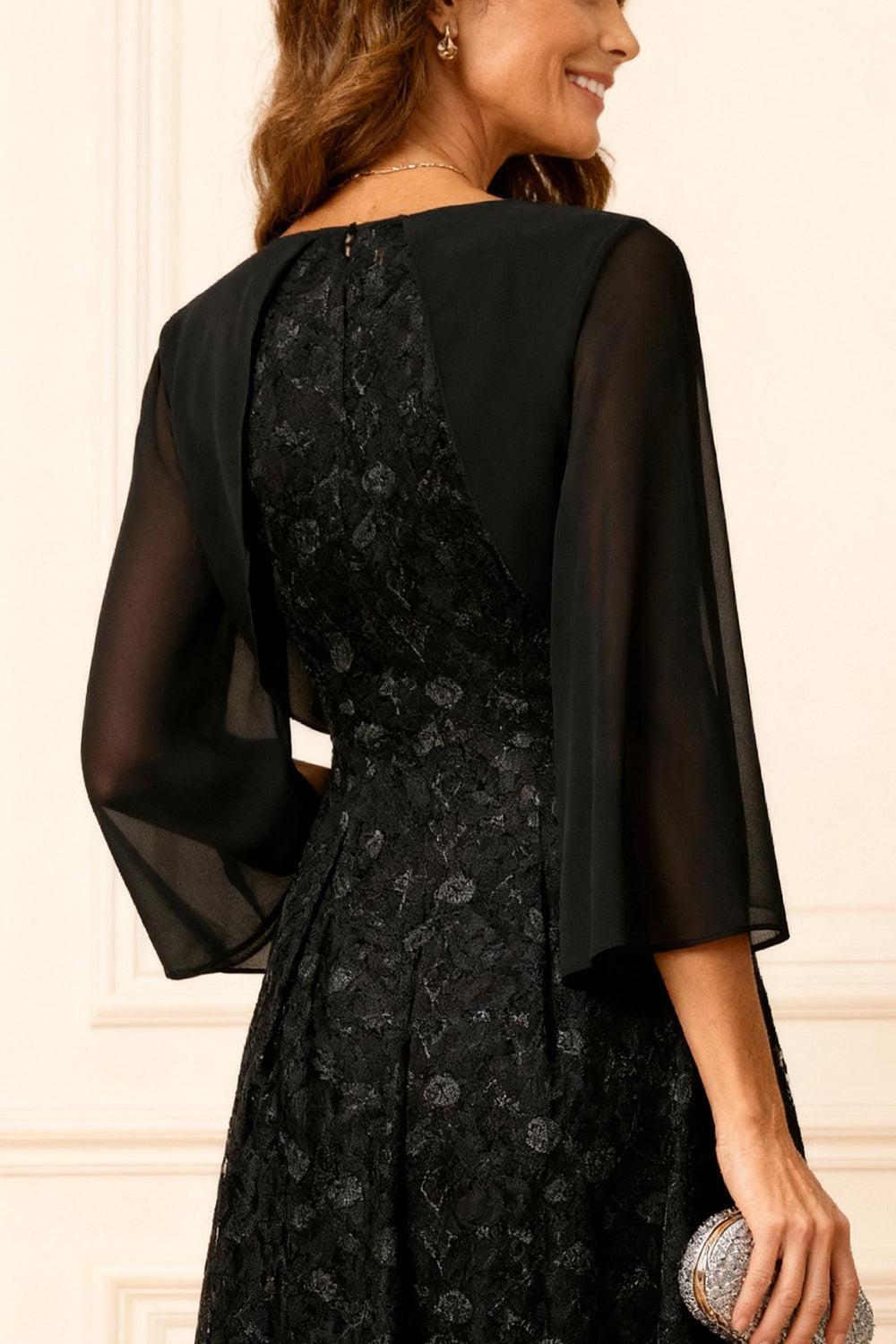 Dreamyannie Black Lace A Line Boat Neck Tea Length Mother Of The Bride Dress