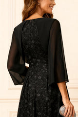 Dreamyannie Black Lace A Line Boat Neck Tea Length Mother Of The Bride Dress