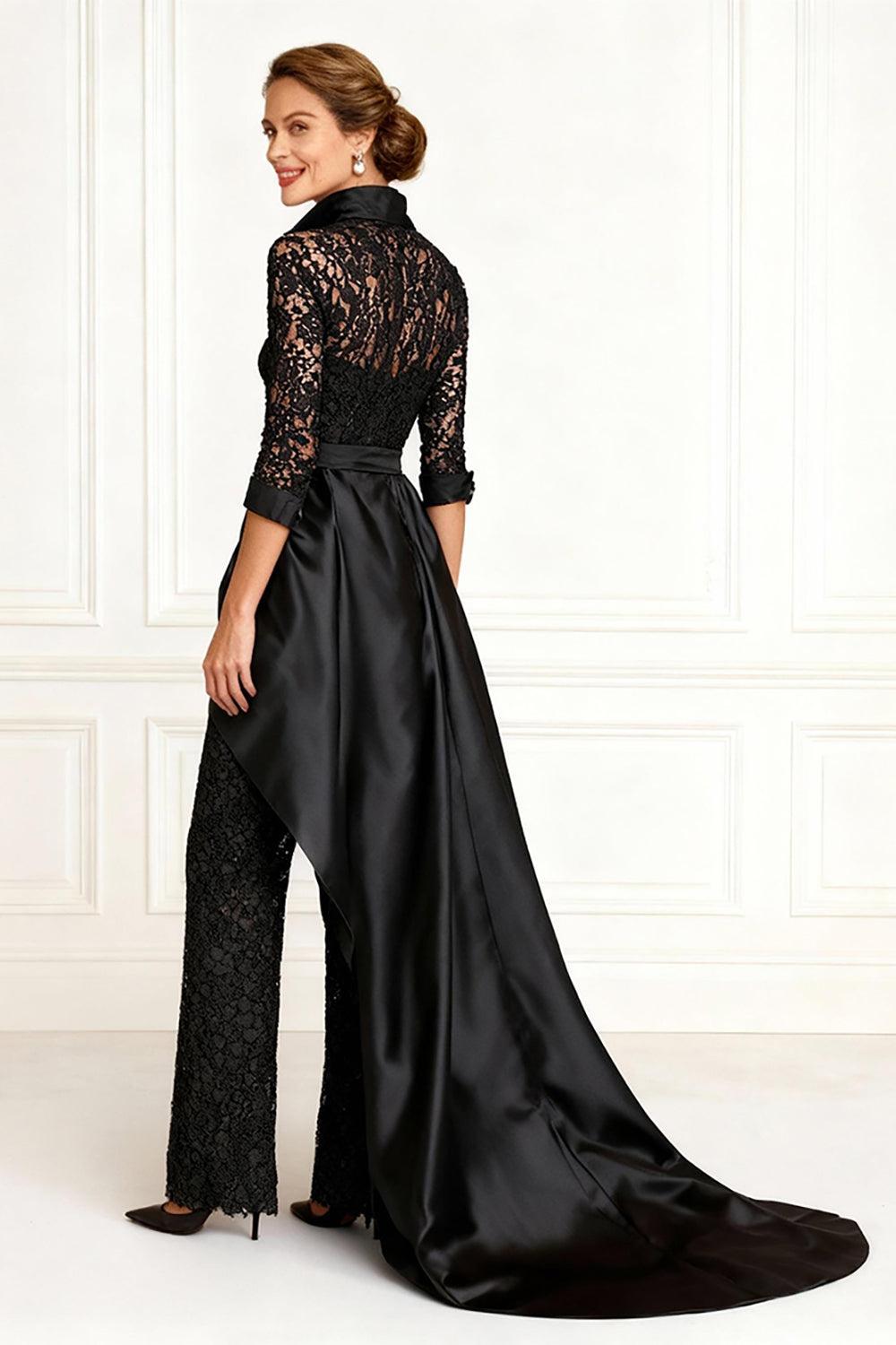 Dreamyannie Black Lace Lapel Floor Length Mother Of The Bride Pant Suits With Cape