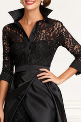 Dreamyannie Black Lace Lapel Floor Length Mother Of The Bride Pant Suits With Cape