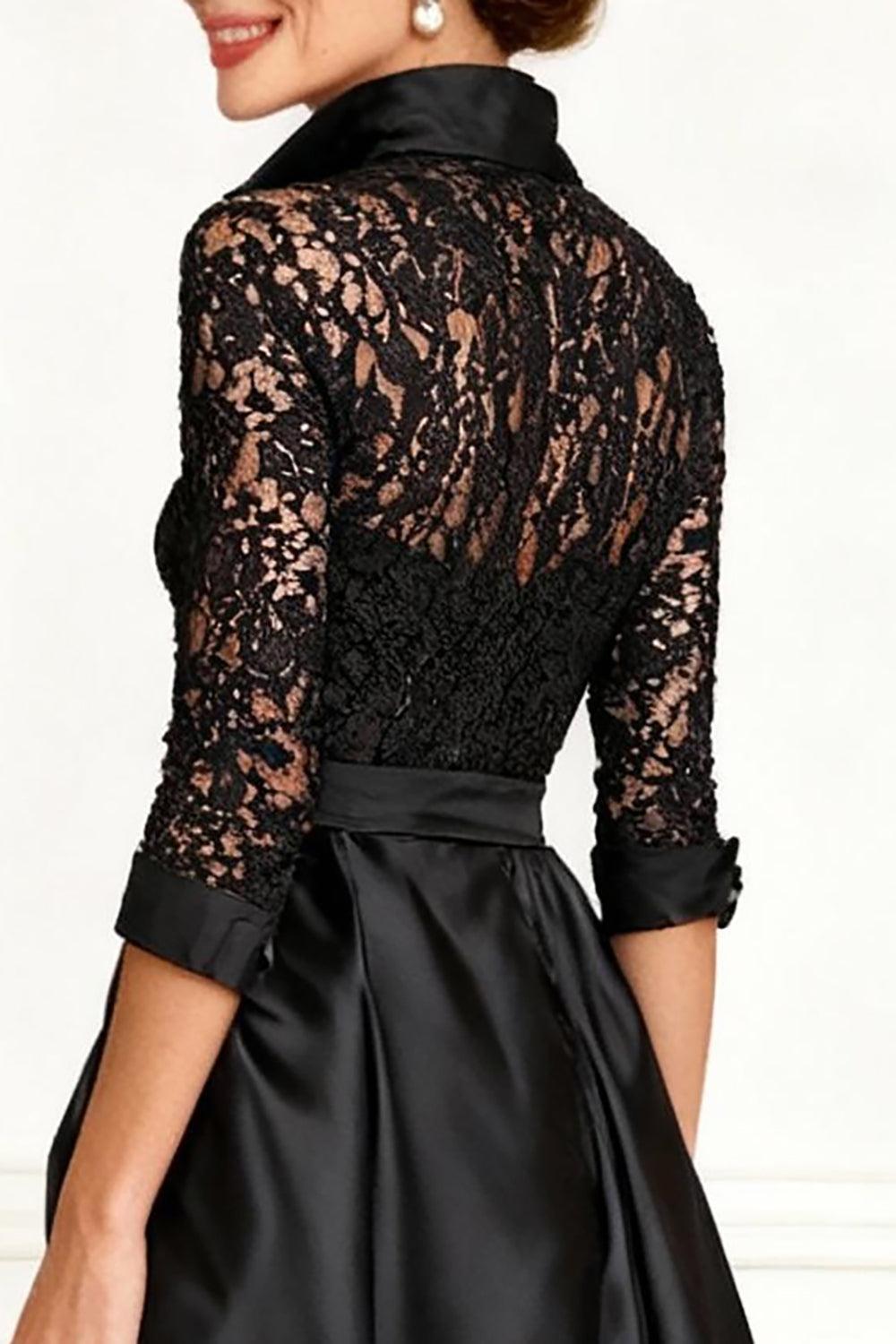 Dreamyannie Black Lace Lapel Floor Length Mother Of The Bride Pant Suits With Cape
