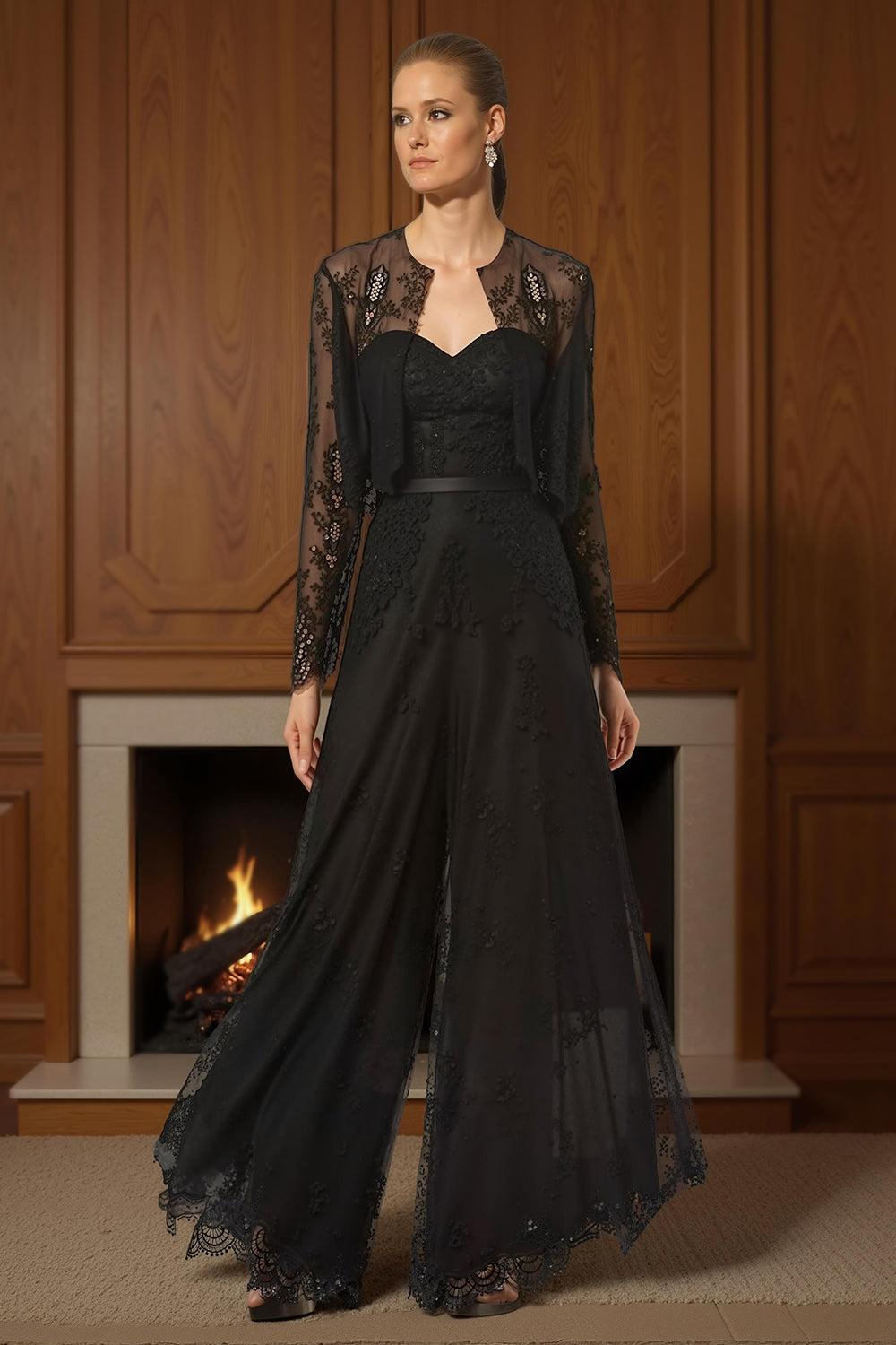 Dreamyannie Black Lace Sweetheart 2 Piece Mother Of The Bride Jumpsuits With Jacket