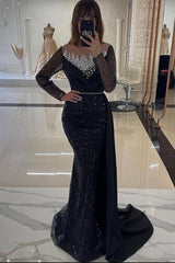 Dreamyannie Black Long Sleeve Prom Dress Mermaid Satin Beaded Formal Dress