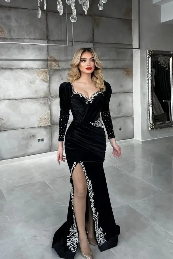 Dreamyannie Black Long Sleeve Velvet Christmas Party Dress Appliques Formal Dress with Slit
