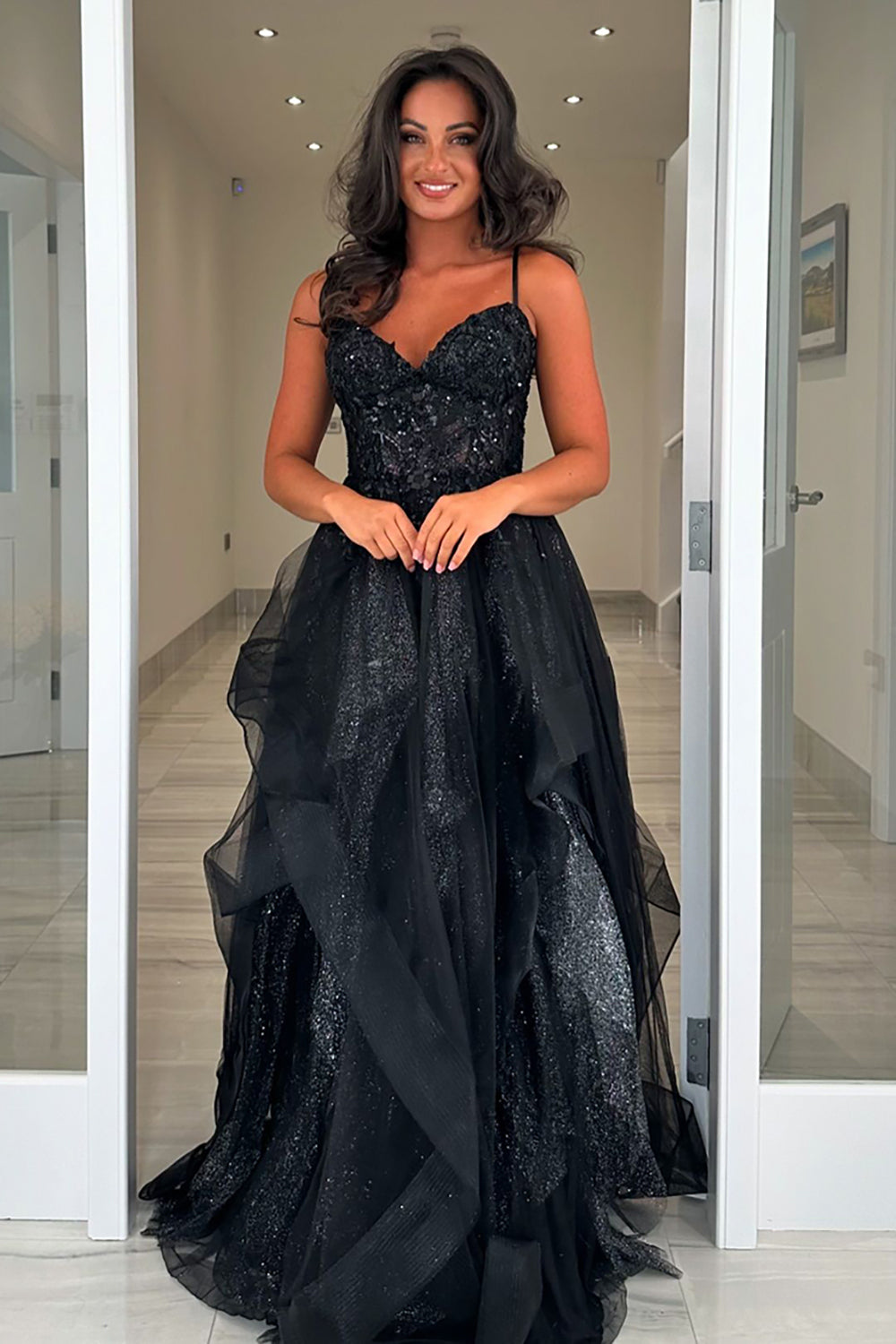 Dreamyannie Black Prom Dress A-Line Ruffles Spaghetti Straps Long Evening Dress