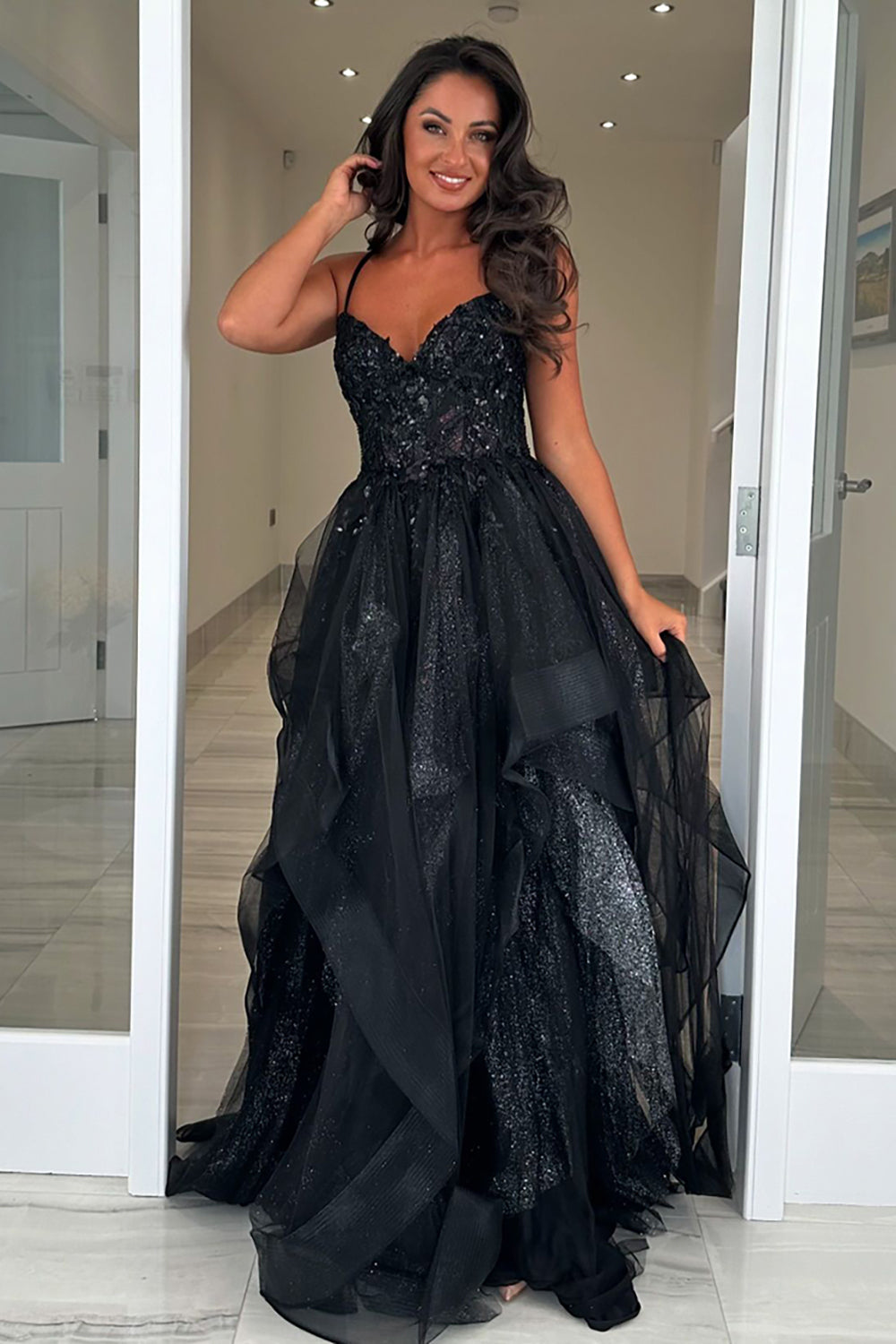 Dreamyannie Black Prom Dress A-Line Ruffles Spaghetti Straps Long Evening Dress