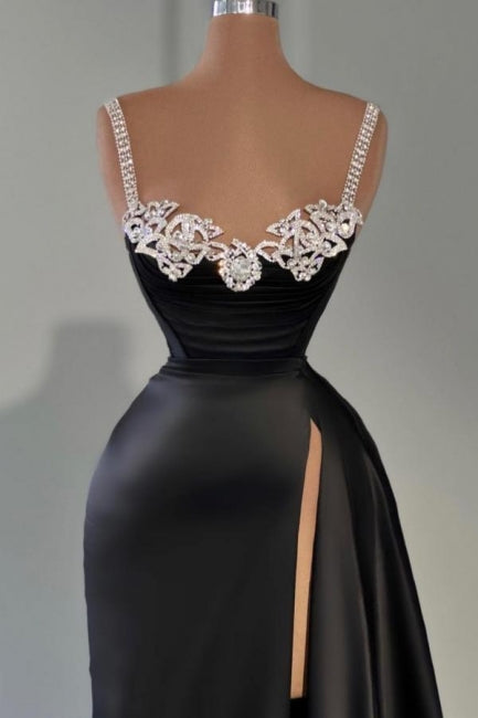 Dreamyannie Black Prom Dress A Line Sleeveless Satin Slit Evening Dress With Jewels