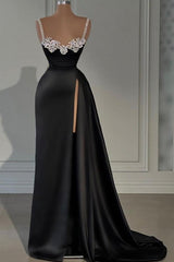 Dreamyannie Black Prom Dress A Line Sleeveless Satin Slit Evening Dress With Jewels