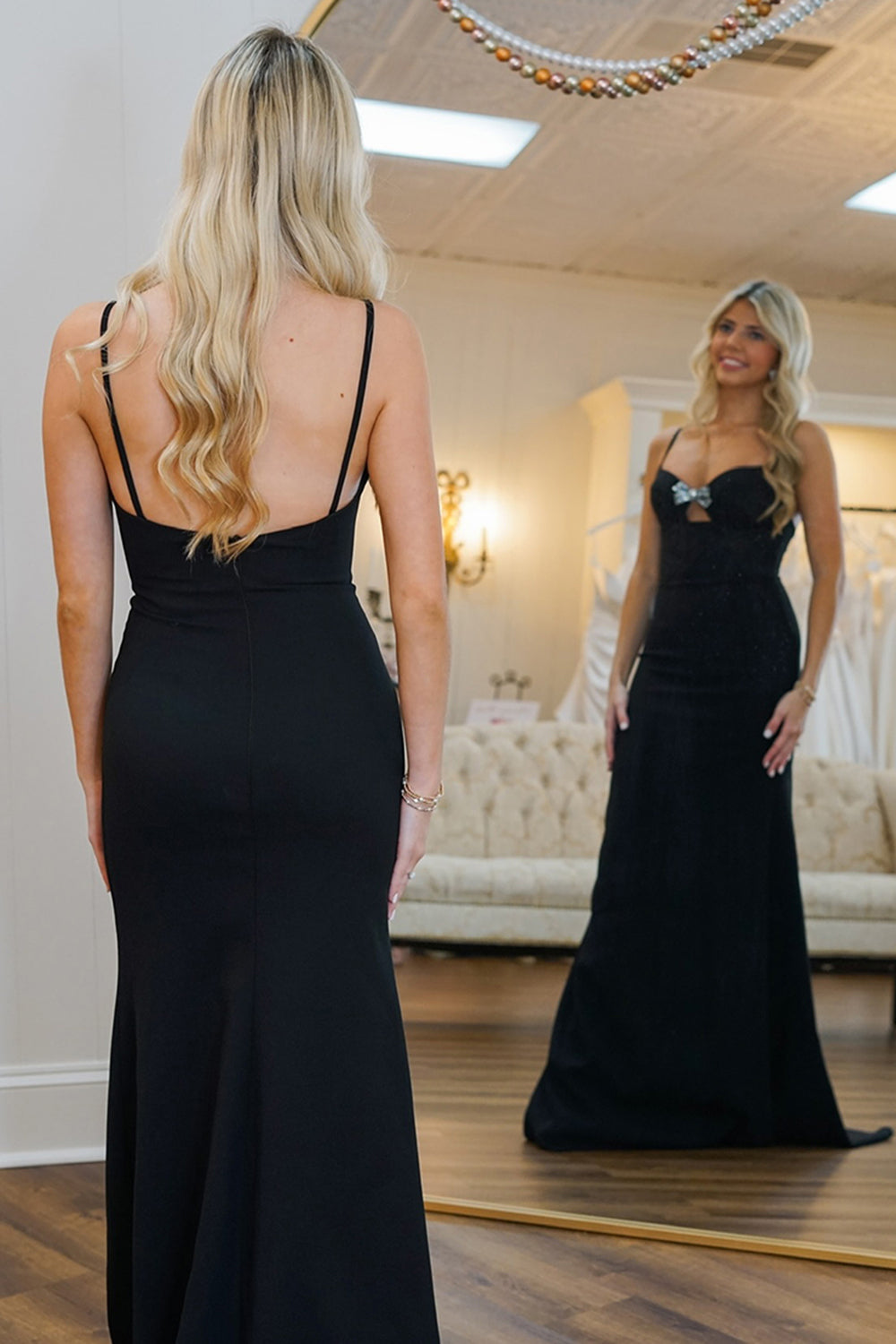 Dreamyannie Black Prom Dress A Line Spaghetti Straps Long Formal Dress With Bow