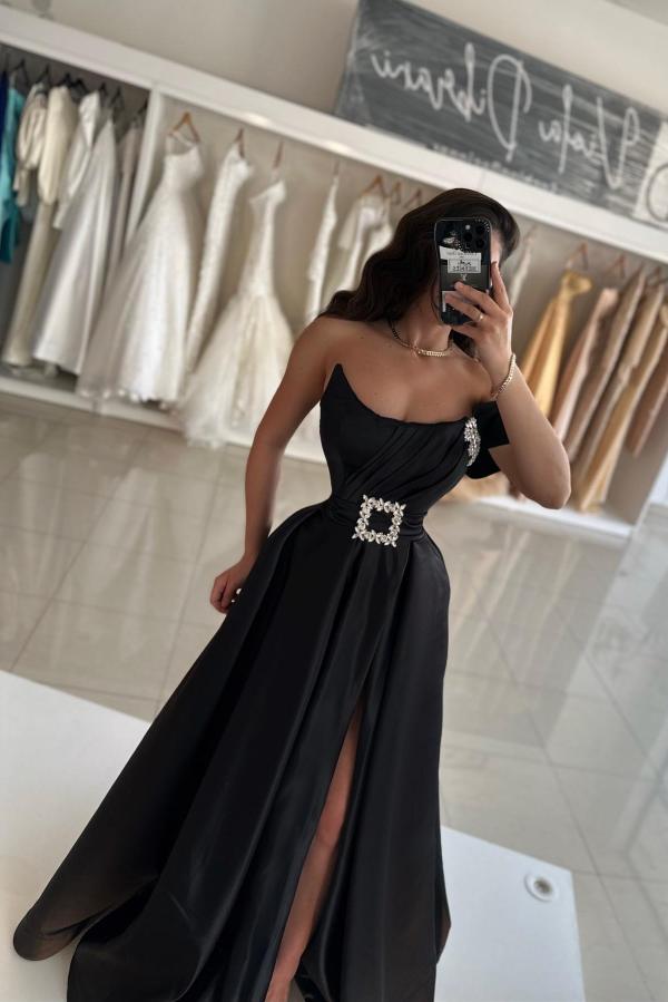 Dreamyannie Black Prom Dress A Line Strapless Sleeveless Satin Simple Formal Dress With Sash