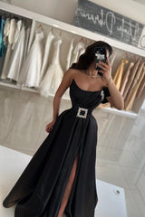 Dreamyannie Black Prom Dress A Line Strapless Sleeveless Satin Simple Formal Dress With Sash
