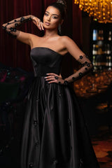 Dreamyannie Black Prom Dress A Line Strapless Sleeveless Tea Length Satin Formal Dress With Flowers