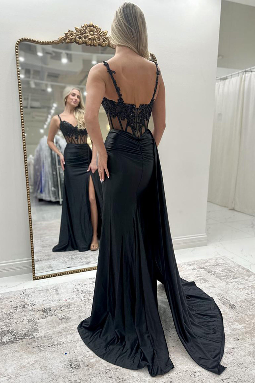 Dreamyannie Black Prom Dress Appliqued Corset Side Cape Long Formal Dress With Slit