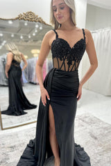 Dreamyannie Black Prom Dress Appliqued Corset Side Cape Long Formal Dress With Slit