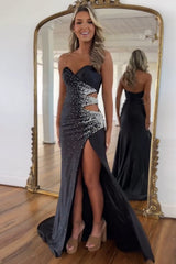Dreamyannie Black Prom Dress Beaded Mermaid Sweetheart Long Evening Dress With Slit