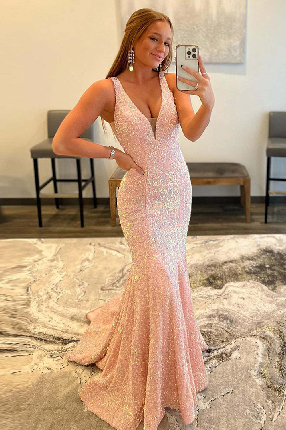 Dreamyannie Black Prom Dress Deep V-Neck Mermaid Evening Dress