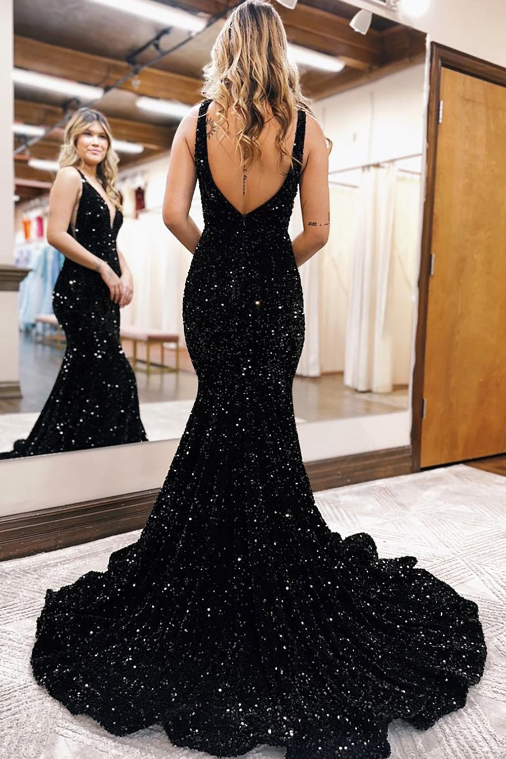 Dreamyannie Black Prom Dress Deep V-Neck Mermaid Evening Dress