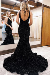 Dreamyannie Black Prom Dress Deep V-Neck Mermaid Evening Dress