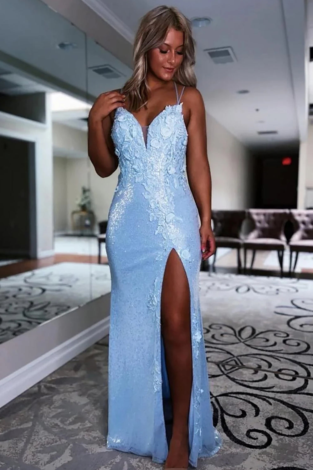 Dreamyannie Black Prom Dress Mermaid Floral Long Evening Dress With Slit