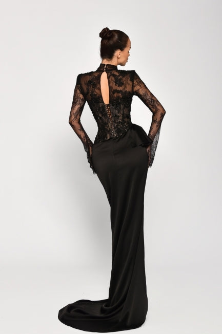 Dreamyannie Black Prom Dress Mermaid High Neck Sleeves Lace Panel Train Satin Formal Dress With High Slit