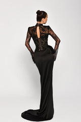 Dreamyannie Black Prom Dress Mermaid High Neck Sleeves Lace Panel Train Satin Formal Dress With High Slit