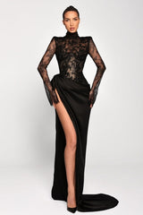 Dreamyannie Black Prom Dress Mermaid High Neck Sleeves Lace Panel Train Satin Formal Dress With High Slit
