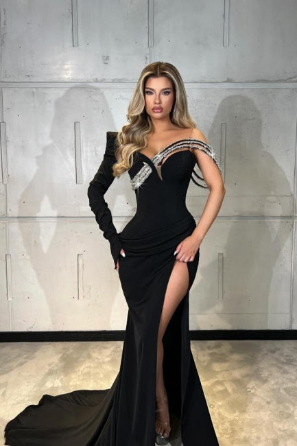 Dreamyannie Black Prom Dress Mermaid One Shoulder Satin Glitter Sleeve Formal Dress With Slit