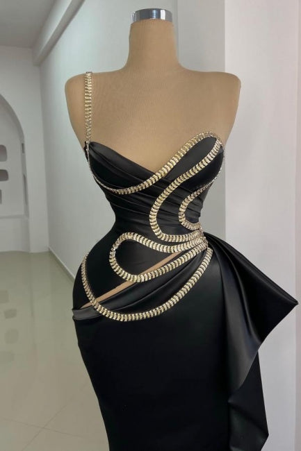 Dreamyannie Black Prom Dress Mermaid One Shoulder Sleeveless Evening Dress With Lace