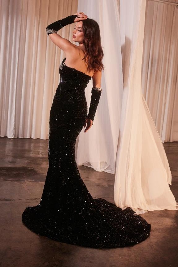 Dreamyannie Black Prom Dress Mermaid V Neck Sequined Evening Dress With Slit