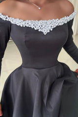 Dreamyannie Black Prom Dress Off The Shoulder A Line Satin Slit Sleeves Evening Dress With Pearls