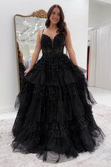 Dreamyannie Black Prom Dress Ruffled A Line Tulle Formal Dress
