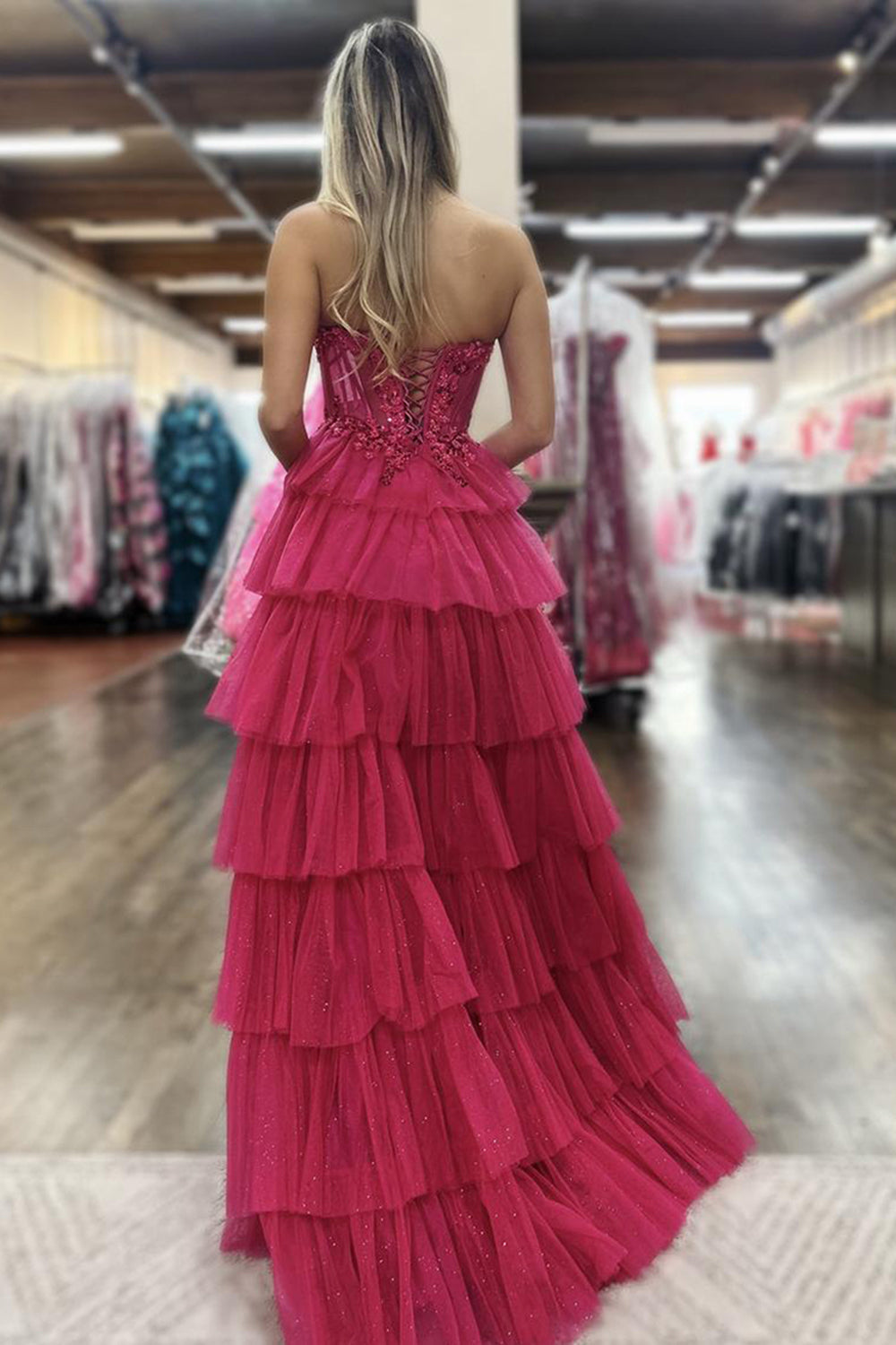 Dreamyannie Black Prom Dress Ruffled Floor Length Tulle Formal Dress With Slit