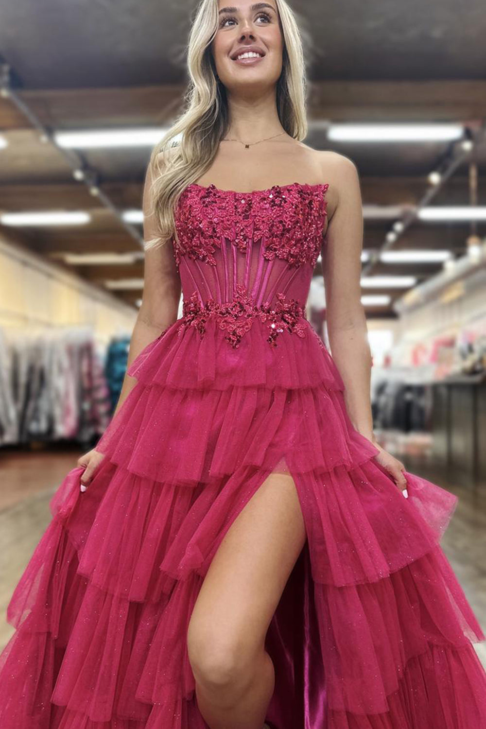 Dreamyannie Black Prom Dress Ruffled Floor Length Tulle Formal Dress With Slit