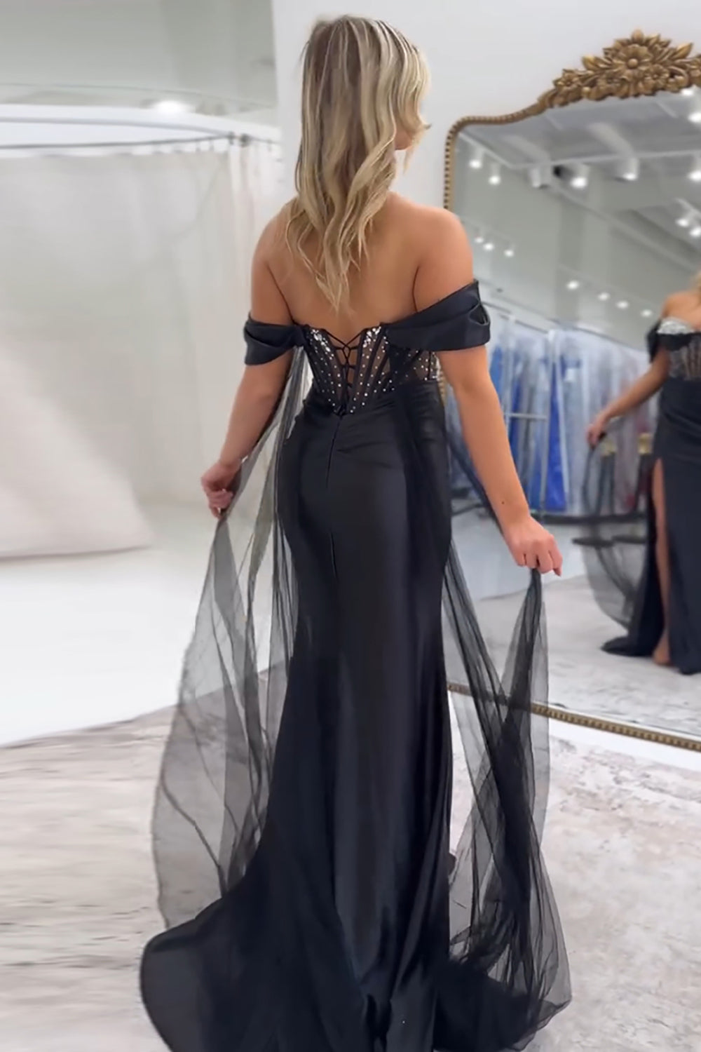Dreamyannie Black Prom Dress Satin Mermaid Beaded Long Formal Dress With Slit