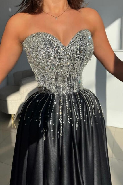 Dreamyannie Black Prom Dress Sweetheart A Line Beaded Sleeveless Satin Formal Dress With Slit