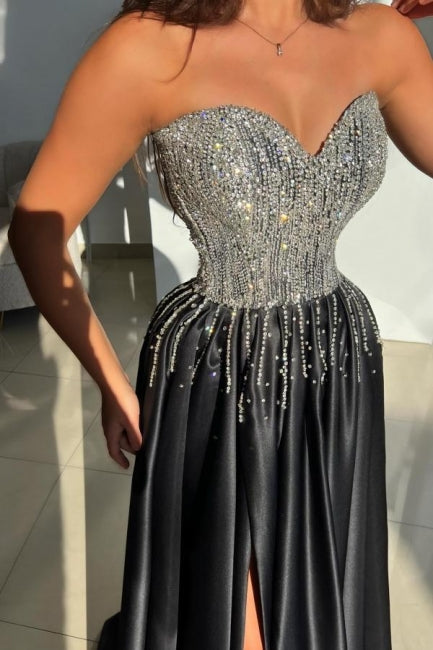 Dreamyannie Black Prom Dress Sweetheart A Line Beaded Sleeveless Satin Formal Dress With Slit