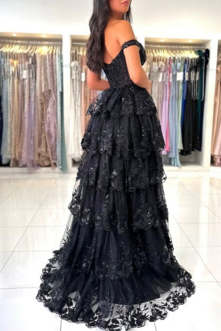 Dreamyannie Black Prom Dress Sweetheart A Line Off The Shoulder Sleeveless Lace Dresses With Slit