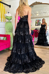 Dreamyannie Black Prom Dress Sweetheart Ruffled Bow Long Evening Dress With Slit
