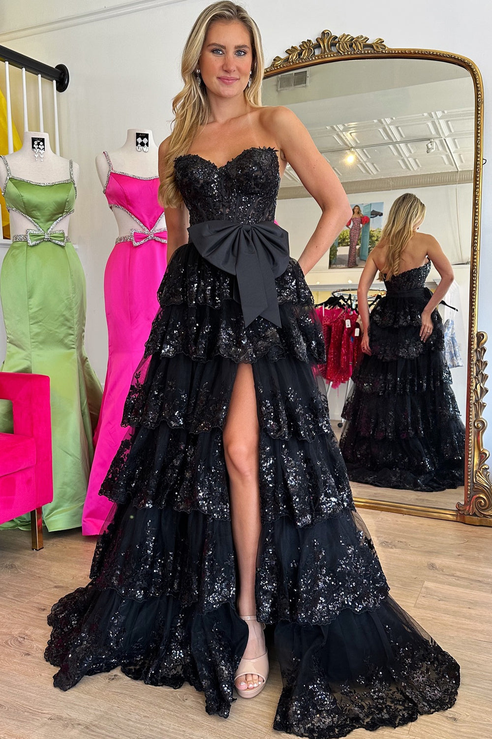 Dreamyannie Black Prom Dress Sweetheart Ruffled Bow Long Evening Dress With Slit