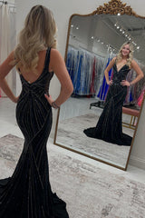 Dreamyannie Black Prom Dress V-Neck Sheath Beaded Formal Dress
