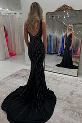 Dreamyannie Black Prom Dress V-Neck Sheath Beaded Formal Dress