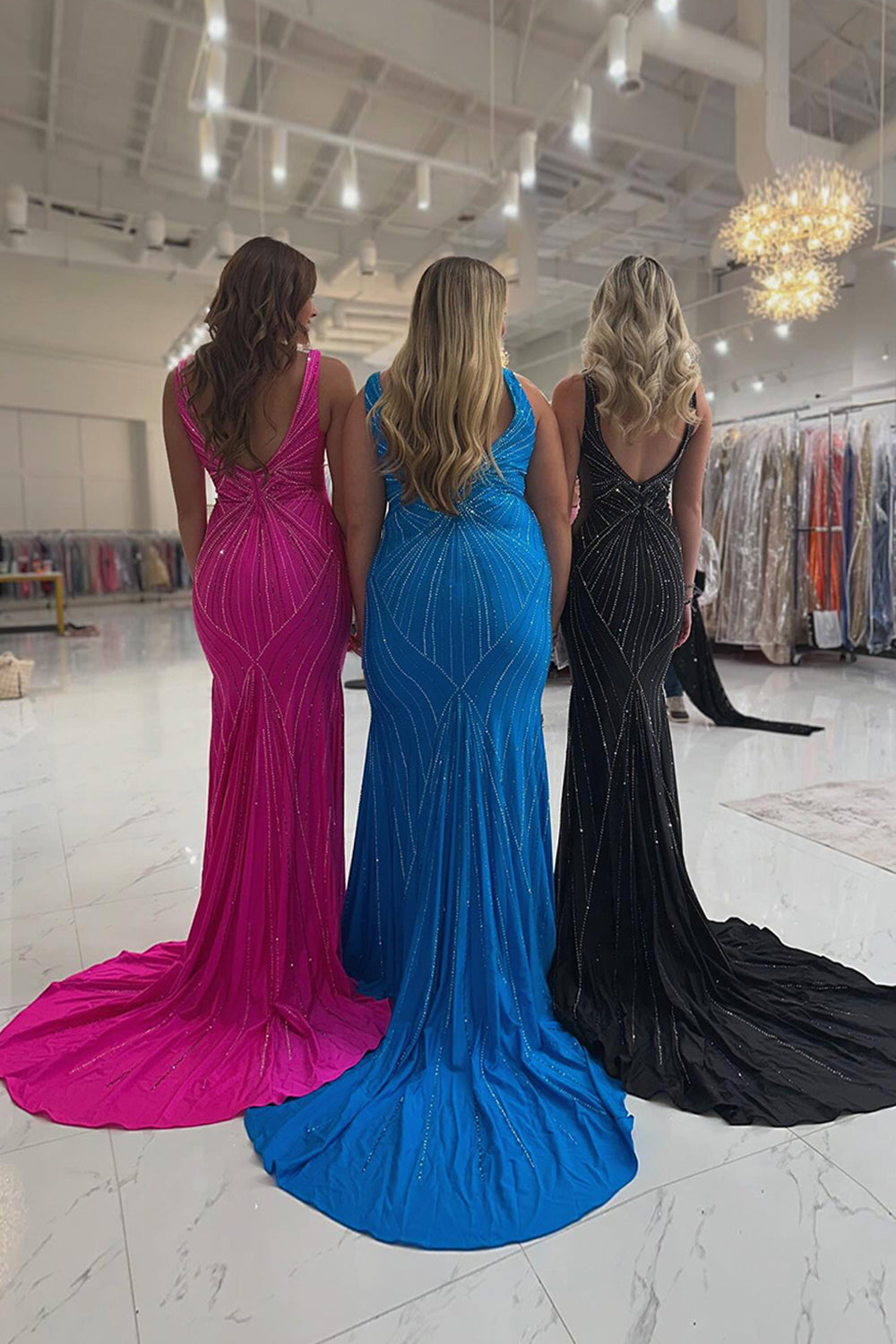 Dreamyannie Black Prom Dress V-Neck Sheath Beaded Formal Dress